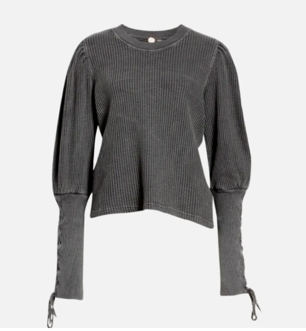 Free People FP One Gray XS Knit Sweater Cotton Crew Neck Tasha Lace Up Sleeve